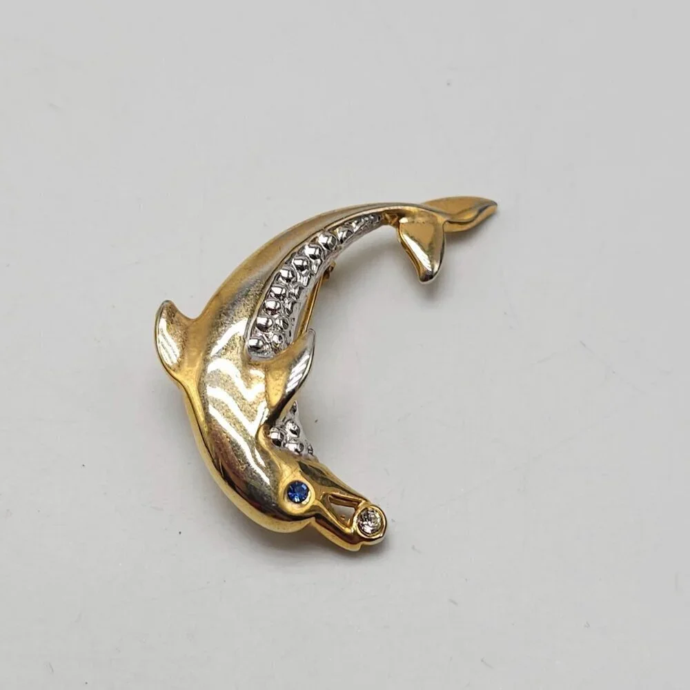 Gold Silver Dolphin Pin With Blue Clear Rhinestones Elegant Ocean-Inspired